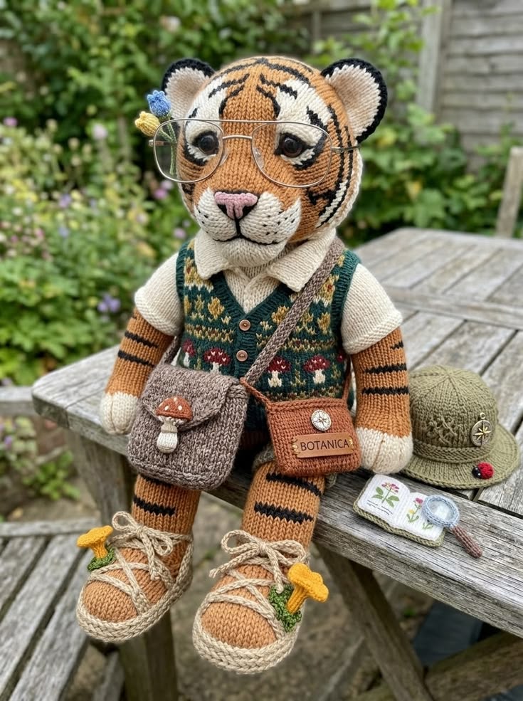 Botanist Tiger in Fair Isle Vest with Glasses and Explorer Bags Free Knitting Pattern