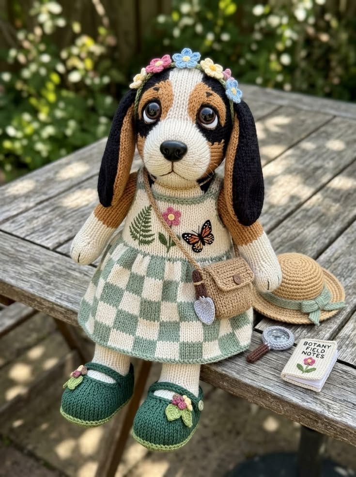 Botany Beagle Puppy in Mint Gingham Dress with Flower Crown Free Knitting Pattern
