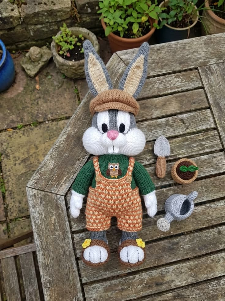 Bugs Bunny in Owl Garden Overalls Free Knitting Pattern