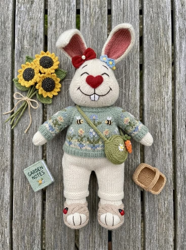 Cheerful Garden Bunny in Floral Sweater with Sunflower Bouquet and Garden Notes Free Knitting Pattern