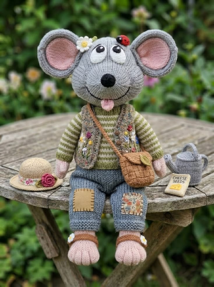 Cheerful Garden Mouse in Floral Vest with Patchwork Pants and Seed Packet Free Knitting Pattern