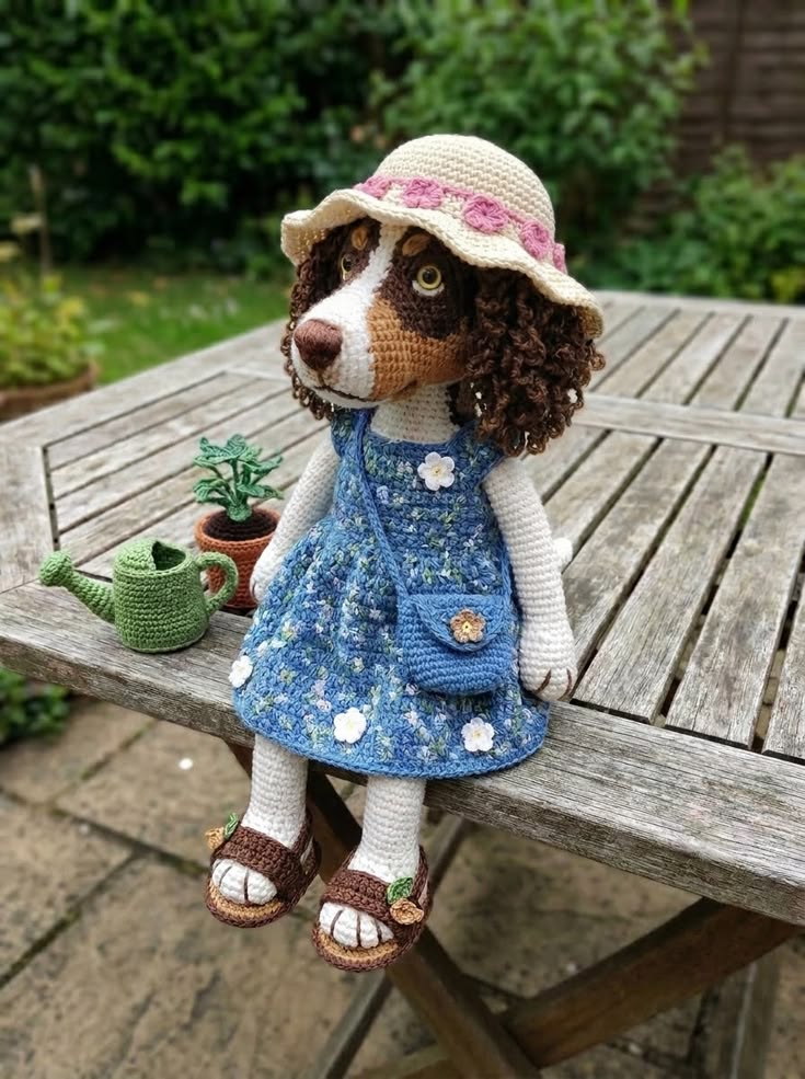 Cocker Spaniel Girl in Blue Floral Dress with Rose Hat and Shoulder Bag Free Crochet Pattern
