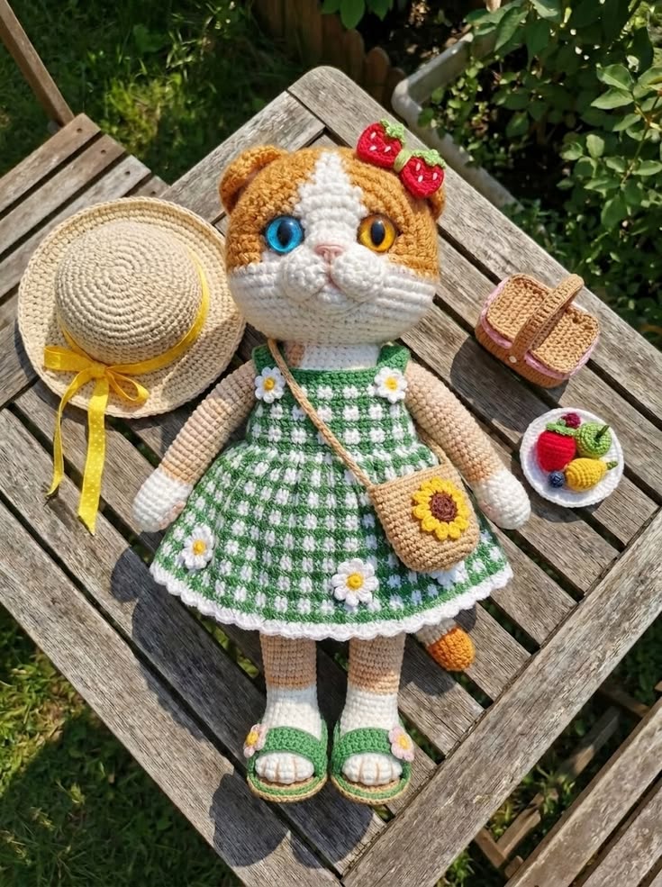 Cottage Orange Cat Girl in Green Gingham Dress with Sunflower Bag and Picnic Accessories Free Crochet Pattern