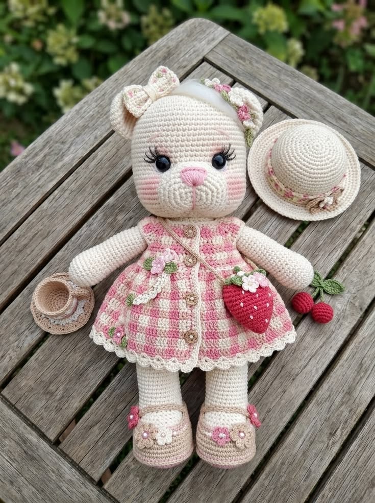 Cottage White Bear Girl in Pink Gingham Dress with Strawberry Bag and Sun Hat Free Crochet Pattern