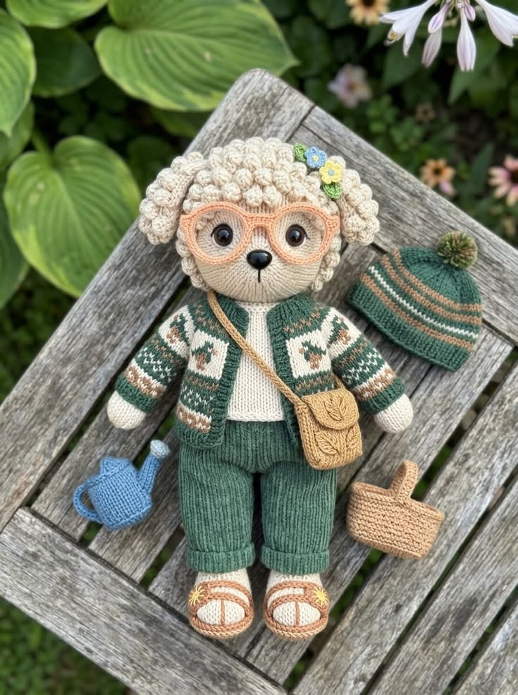 Curly Garden Sheep in Fair Isle Cardigan with Glasses and Leaf Satchel Free Knitting Pattern