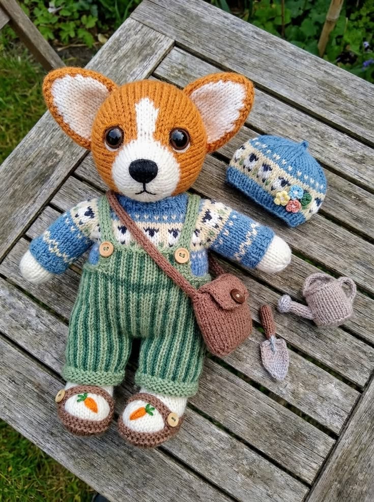Garden Corgi in Green Overalls and Fair Isle Sweater Free Knitting Pattern