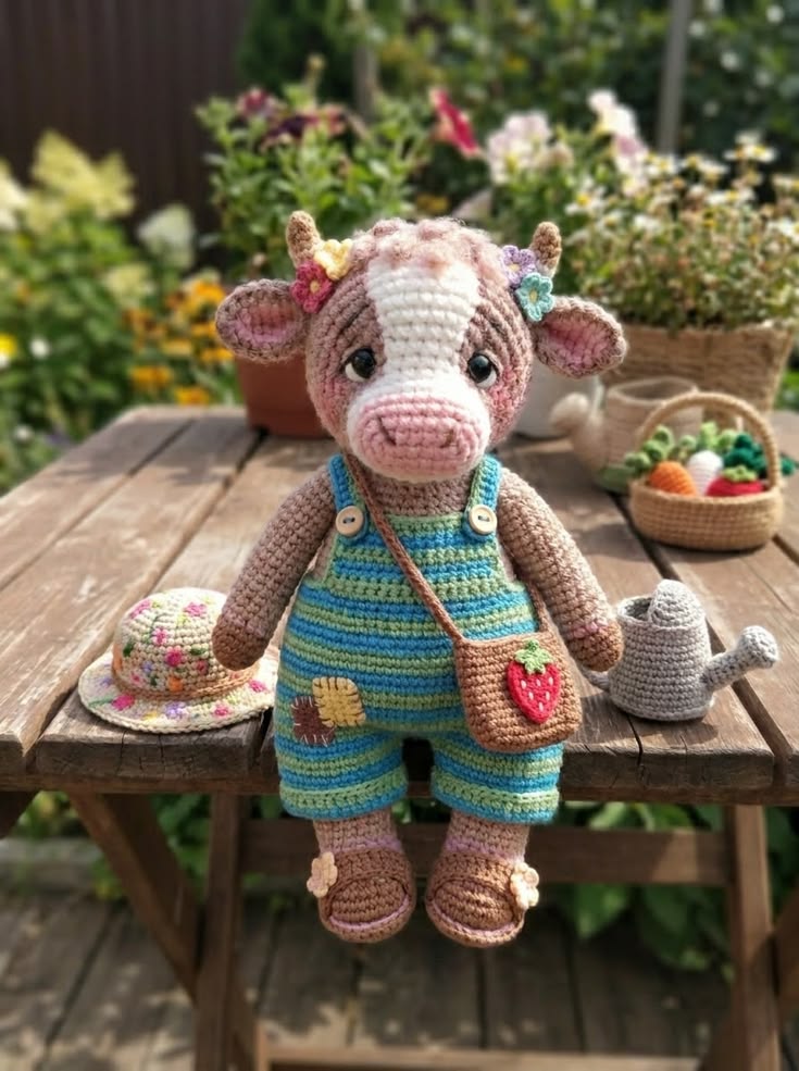 Garden Cow Girl in Blue Striped Overalls with Strawberry Satchel and Flowered Sun Hat Free Crochet Pattern