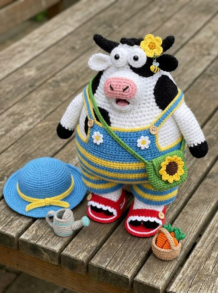 Garden Cow in Blue Striped Overalls with Sunflower Satchel and Vegetable Basket Free Crochet Pattern
