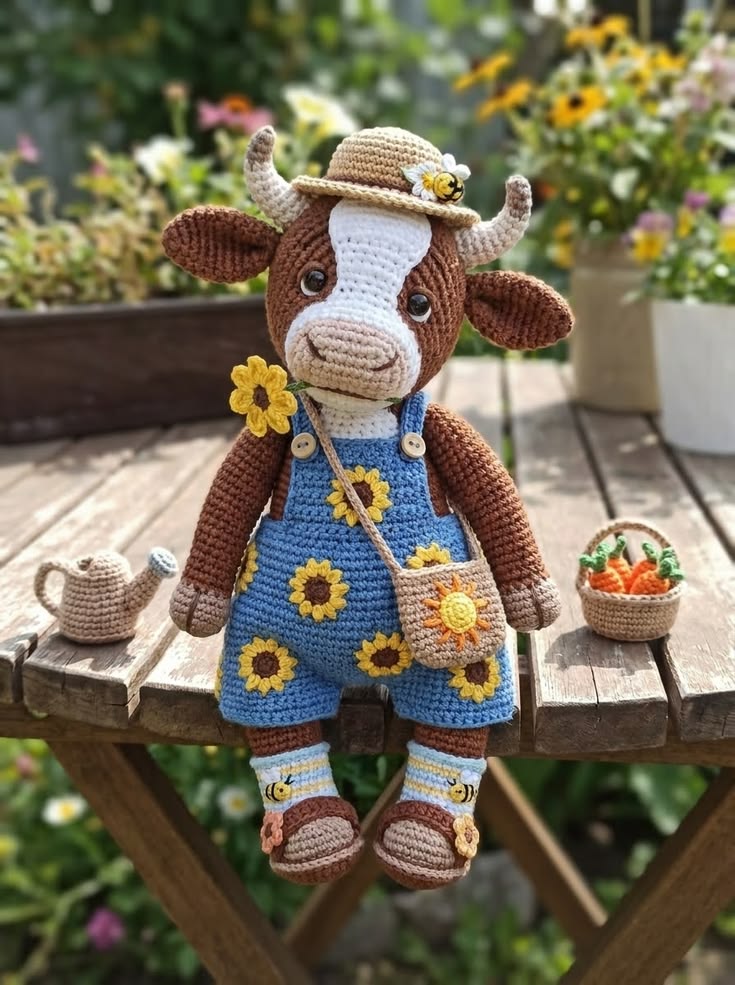 Garden Cow in Blue Sunflower Overalls with Sun Hat and Carrot Basket Free Crochet Pattern