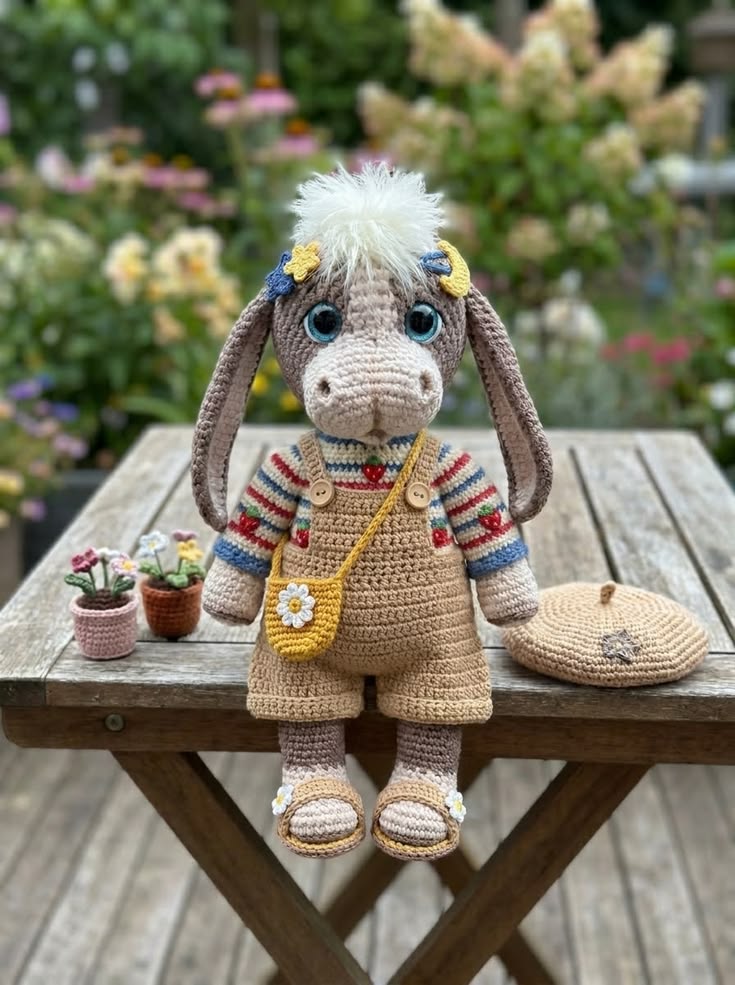 Garden Donkey Doll with Striped Shirt, Daisy Bag, and Summer Sandals Pattern Guide