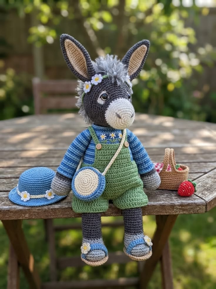 Garden Donkey in Green Overalls with Blue Sun Hat and Picnic Basket Free Crochet Pattern