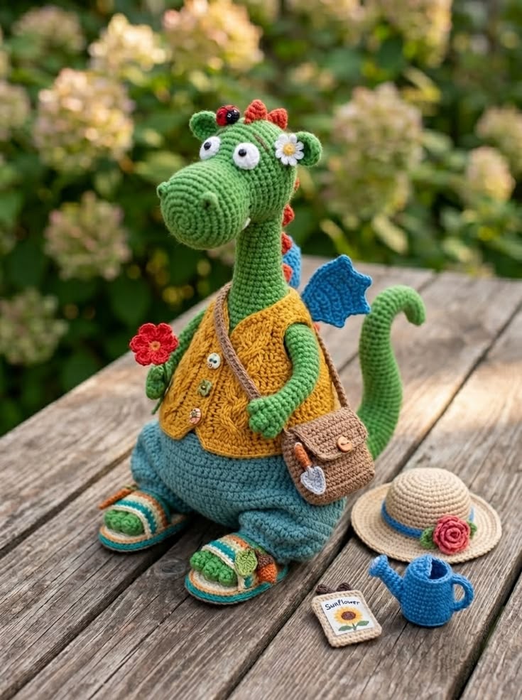 Garden Dragon in Mustard Cable Vest with Tool Satchel and Watering Can Free Crochet Pattern