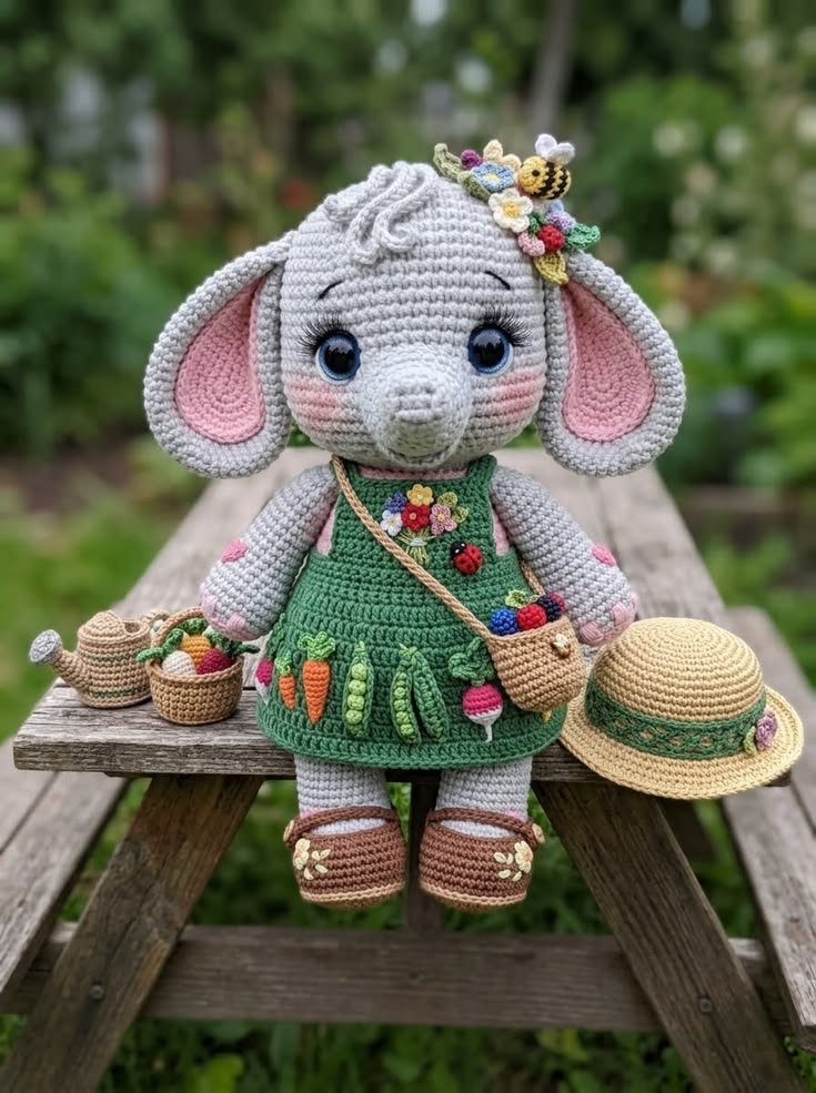Garden Elephant Girl in Green Vegetable Dress with Floral Crown and Harvest Basket Free Crochet Pattern