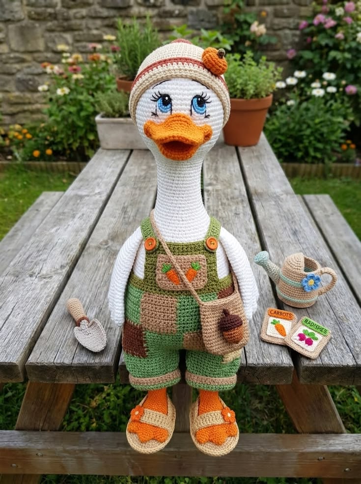 Garden Goose Girl in Patchwork Overalls with Acorn Satchel and Seed Packets Free Crochet Pattern