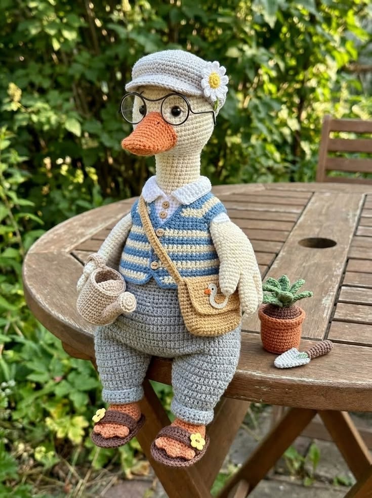 Garden Goose in Blue Striped Vest with Glasses, Satchel and Watering Can Free Crochet Pattern