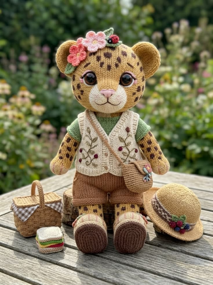 Garden Leopard Cub in Embroidered Vest with Picnic Basket Free Knitting Pattern