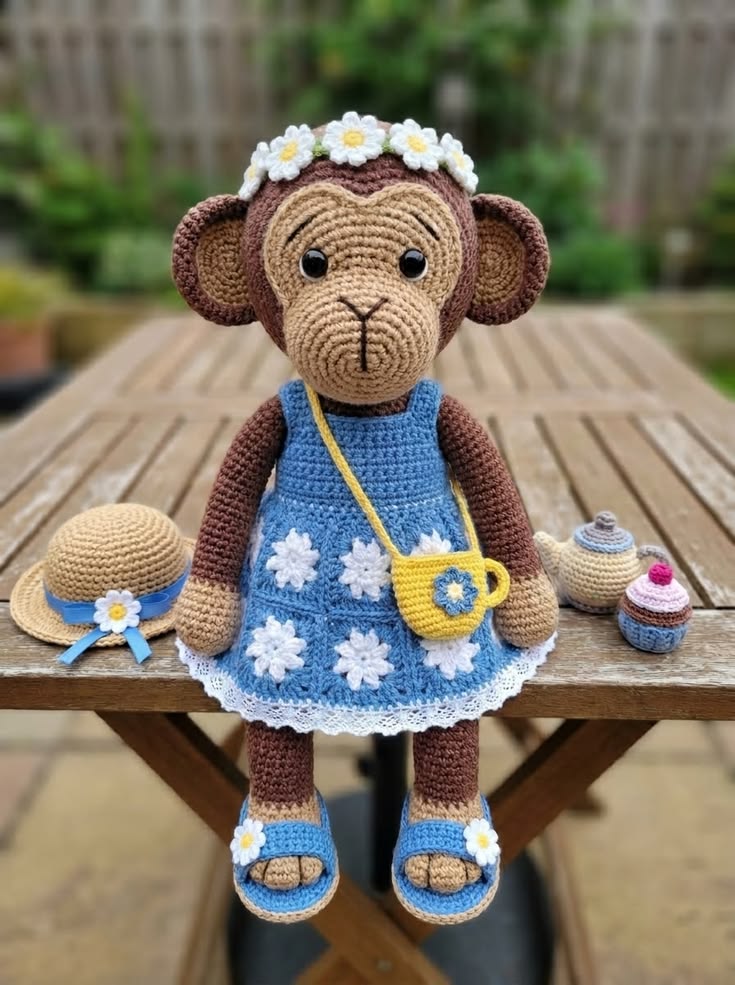 Garden Monkey Girl in Blue Daisy Dress with Teacup Bag and Tea Accessories Free Crochet Pattern
