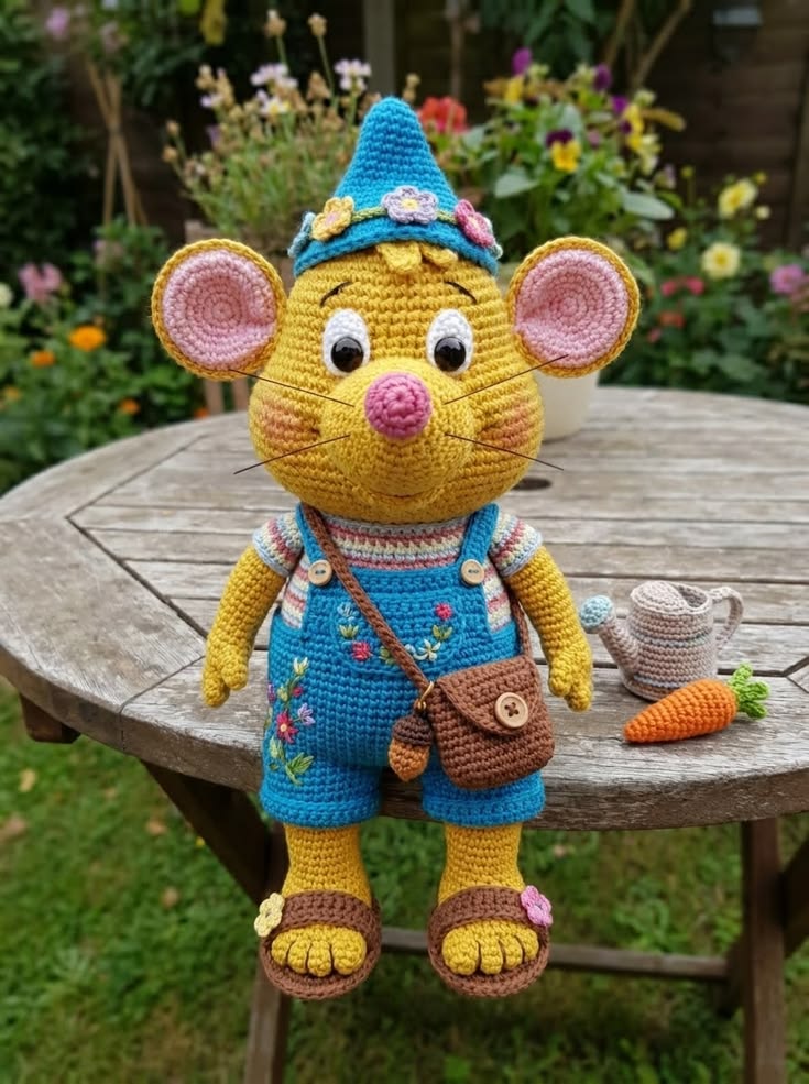 Garden Mouse in Blue Floral Overalls with Flower Hat and Watering Can Free Crochet Pattern