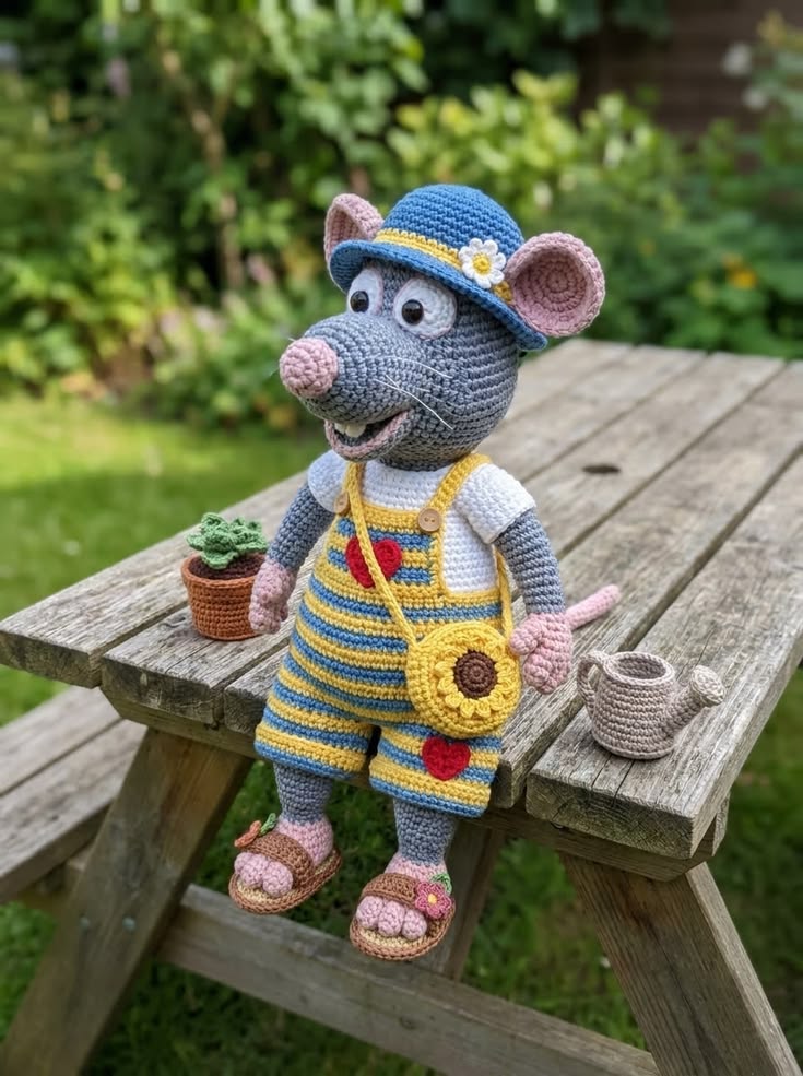Garden Mouse in Yellow Striped Overalls with Sunflower Bag and Blue Hat Free Crochet Pattern