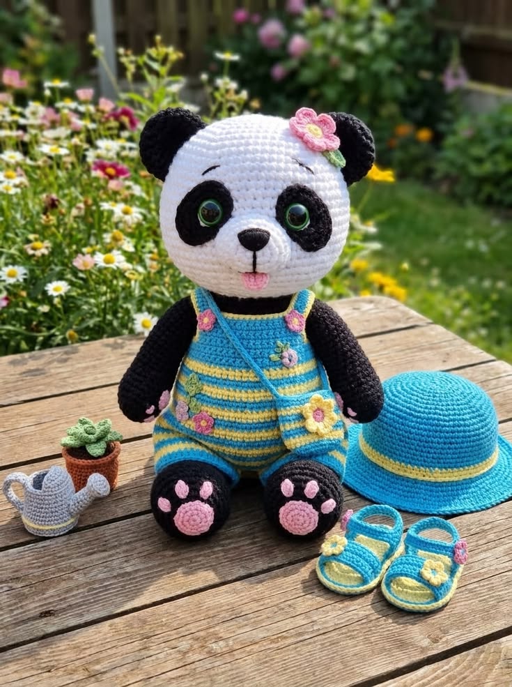Garden Panda in Blue Striped Overalls with Flower Bag and Sun Hat Free Crochet Pattern
