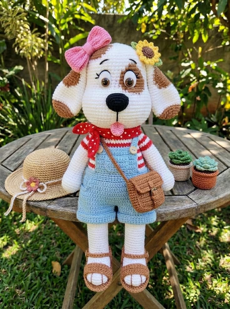Garden Puppy Girl in Blue Overalls with Sunflower Hair Clip and Straw Hat Free Crochet Pattern