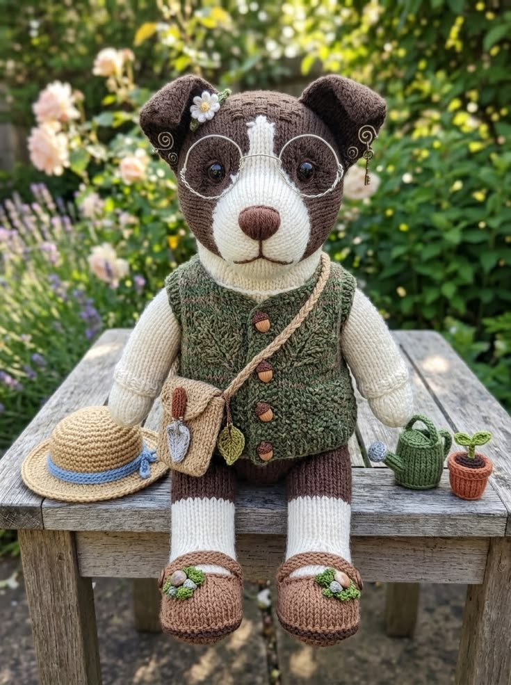 Garden Puppy in Moss Leaf Vest with Glasses and Tool Satchel Free Knitting Pattern