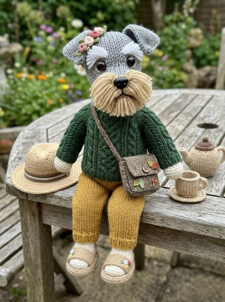 Garden Schnauzer in Green Cable Sweater with Tea Accessories Free Knitting Pattern