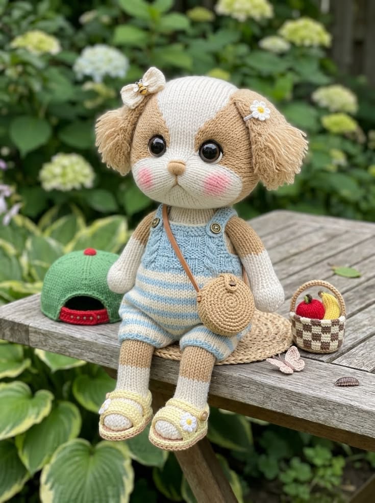 Garden Spaniel Puppy in Blue Cable Romper with Picnic Basket and Round Satchel Free Knitting Pattern
