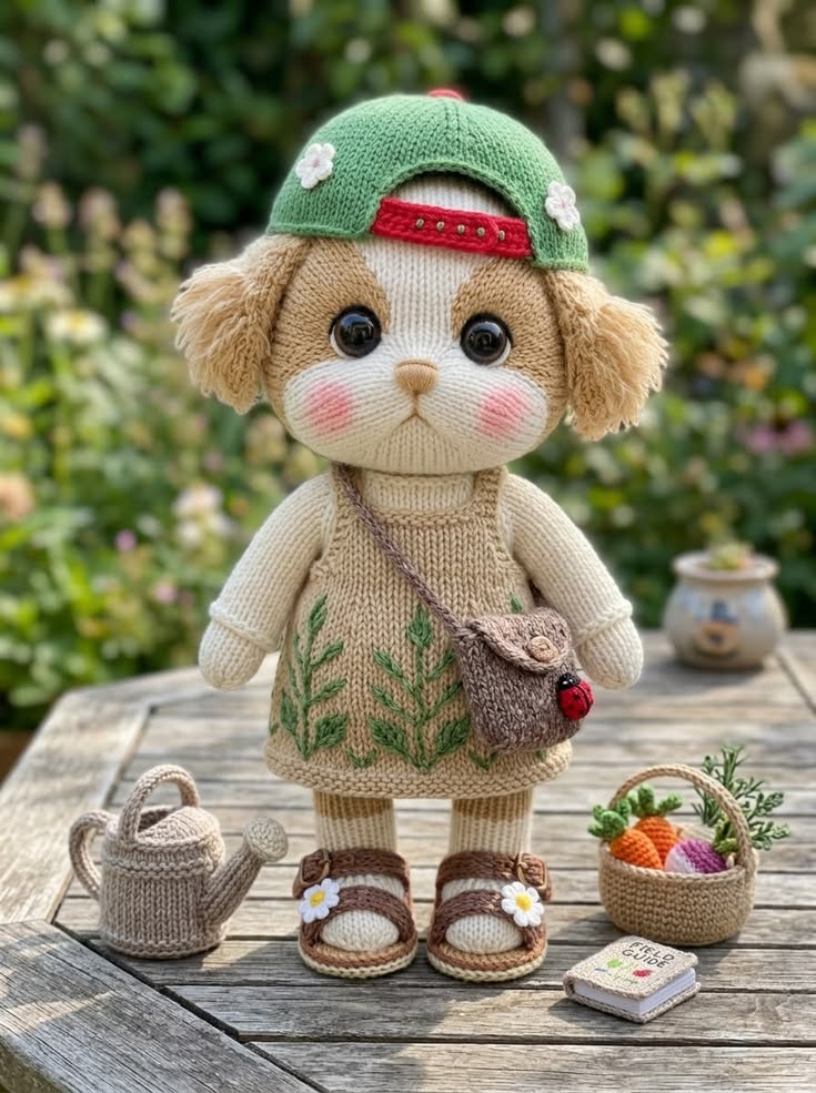 Garden Spaniel Puppy in Leaf-Embroidered Dress with Vegetable Basket and Watering Can Free Knitting Pattern