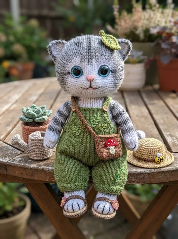 Garden Tabby Kitten in Green Overalls with Mushroom Satchel and Straw Hat Free Knitting Pattern