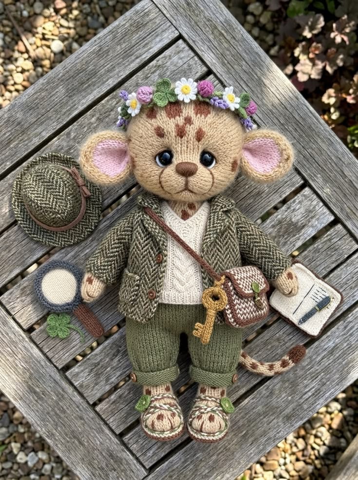 Giraffe Botanist in Tweed Jacket with Floral Crown and Explorer Satchel Free Knitting Pattern