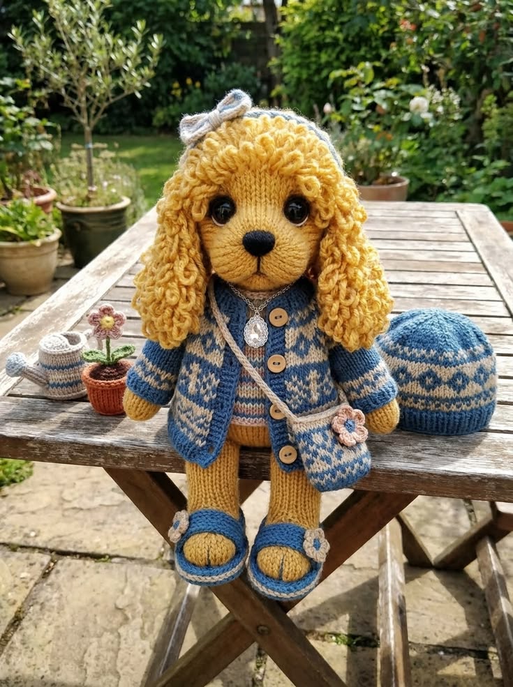 Golden Cocker Spaniel Girl in Blue Fair Isle Cardigan with Flower Bag and Knit Beret Free Knitting Pattern
