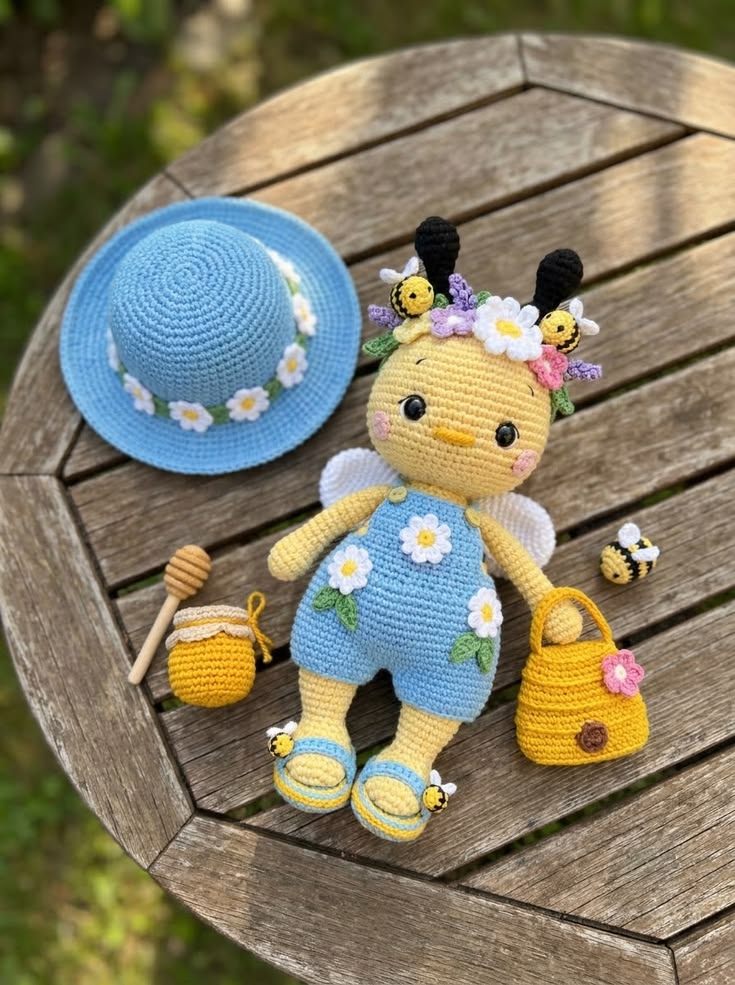 Honeybee Garden Doll with Sky-Blue Romper, Flower Crown, Hat and Honey Accessories Pattern Guide