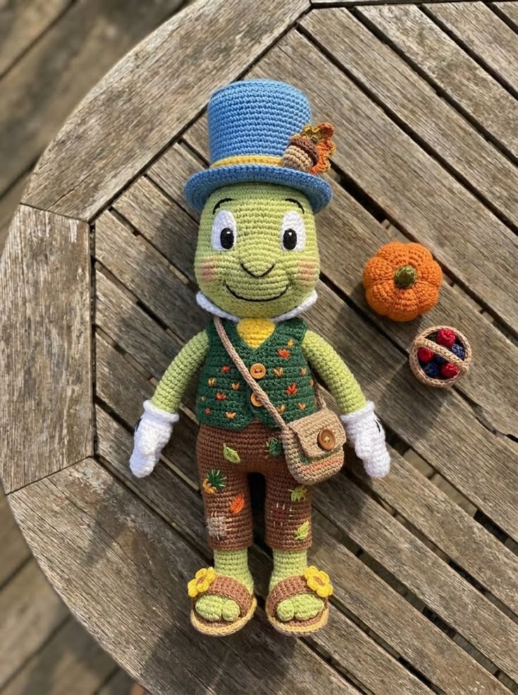 Jiminy Cricket Harvest Gardener in Blue Top Hat with Embroidered Vest and Produce Satchel Free Crochet Pattern