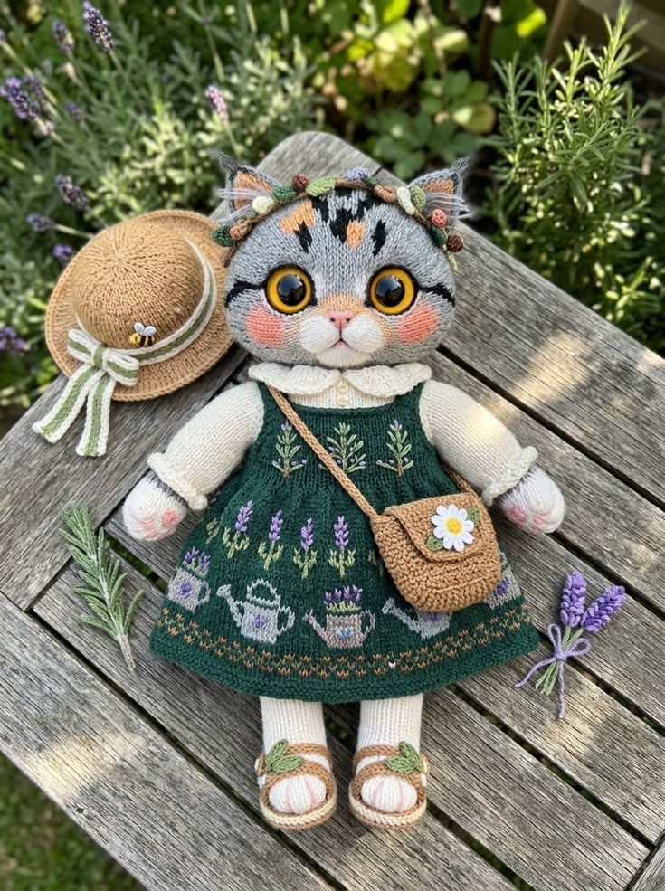 Lavender Garden Cat in Embroidered Green Dress with Daisy Satchel Free Knitting Pattern