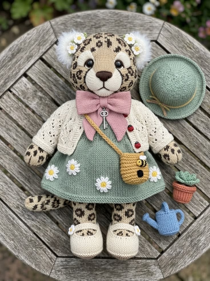 Leopard Cub Girl in Sage Daisy Dress with Cardigan and Bee Bag Free Knitting Pattern