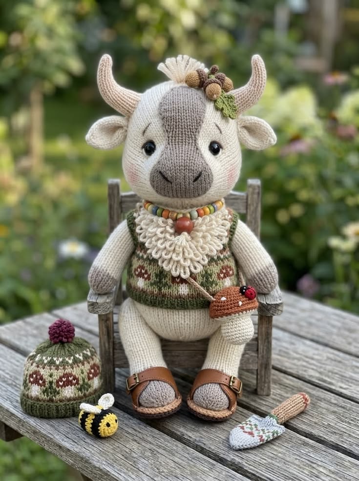 Little Calf in Mushroom Fair Isle Vest with Ruffle Collar and Bee Pouch Free Knitting Pattern