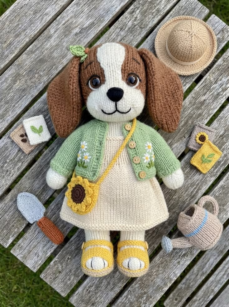 Little Lamb Girl in Floral Meadow Dress and Green Cardigan Free Knitting Pattern