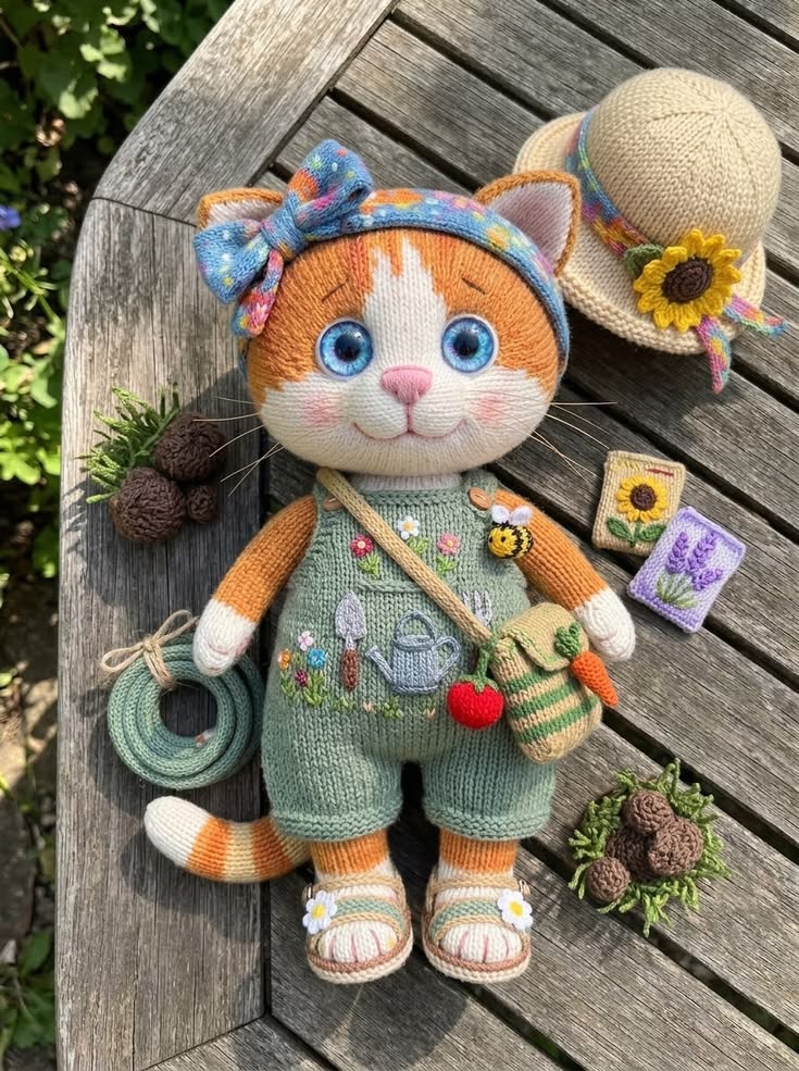 Orange Tabby Garden Cat in Embroidered Overalls with Sunflower Hat and Tool Bag Free Knitting Pattern