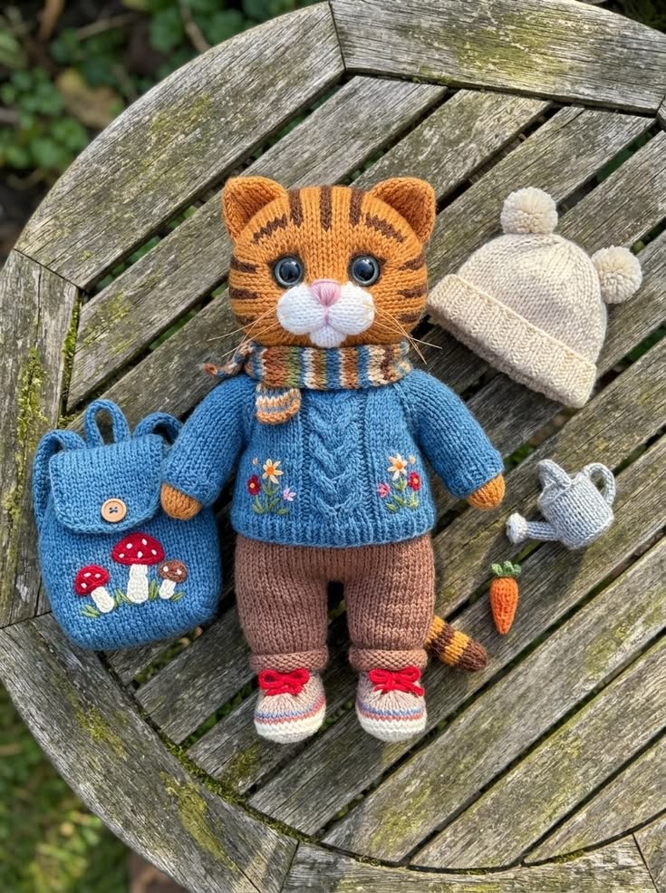 Orange Tabby Kitten in Blue Sweater with Mushroom Backpack Free Knitting Pattern