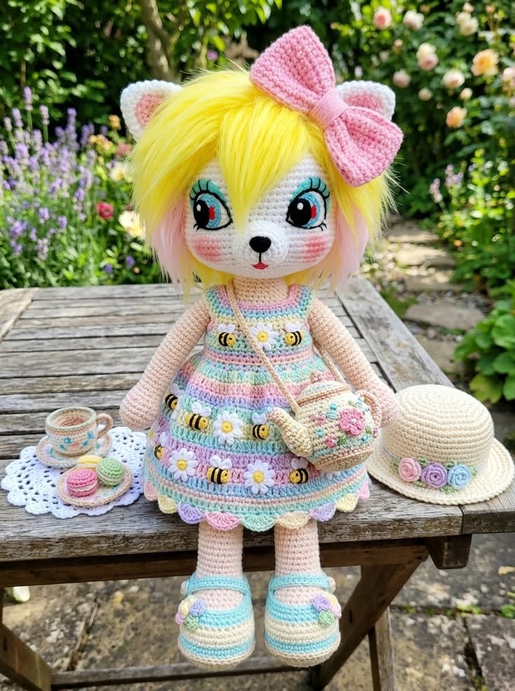 Pastel Pony Girl in Bee Daisy Dress with Teacup Bag and Sun Hat Free Crochet Pattern