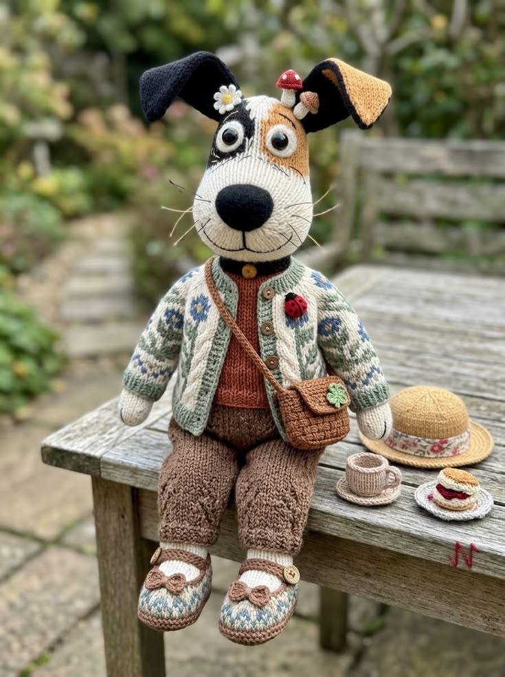 Patchwork Garden Dog in Floral Cardigan with Mushroom Headpiece and Tea Accessories Free Knitting Pattern