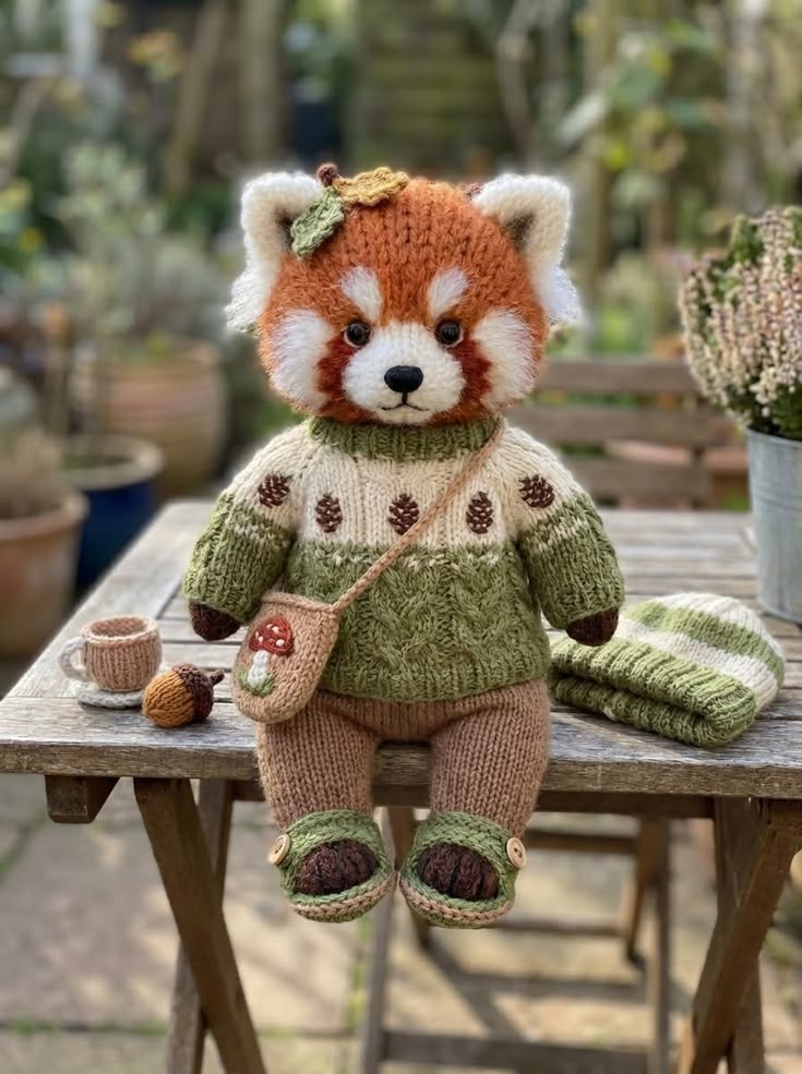 Red Panda in Pinecone Sweater with Mushroom Satchel and Striped Hat Free Knitting Pattern