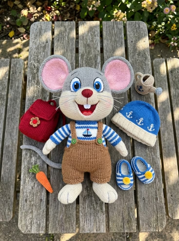 Sailor Mouse in Brown Overalls with Nautical Accessories Free Knitting Pattern