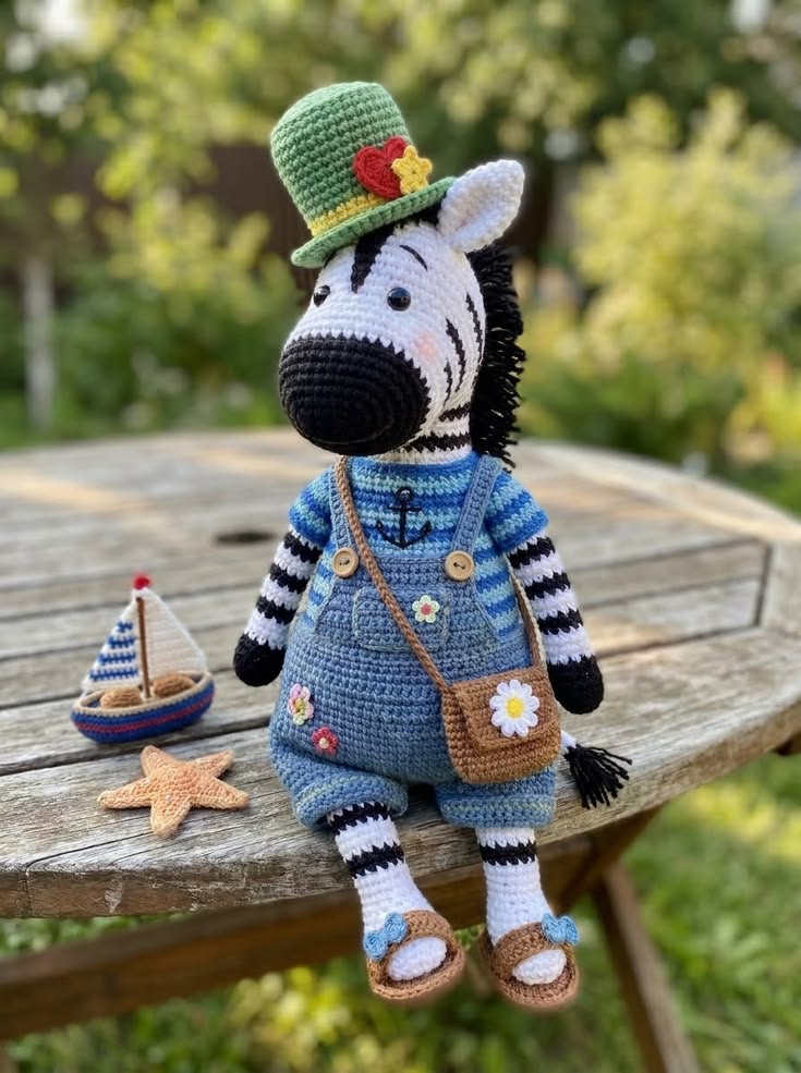 Sailor Zebra in Blue Striped Overalls with Daisy Satchel and Sailboat Accessories Free Crochet Pattern