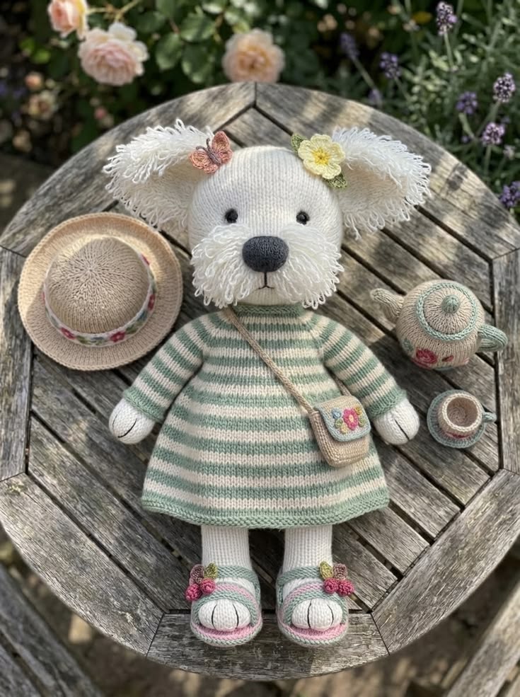 Shaggy White Garden Dog in Mint Striped Dress with Floral Satchel and Tea Set Free Knitting Pattern