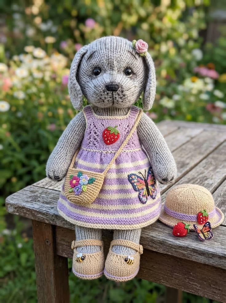 Strawberry Garden Puppy in Lavender Butterfly Dress with Sun Hat Free Knitting Pattern
