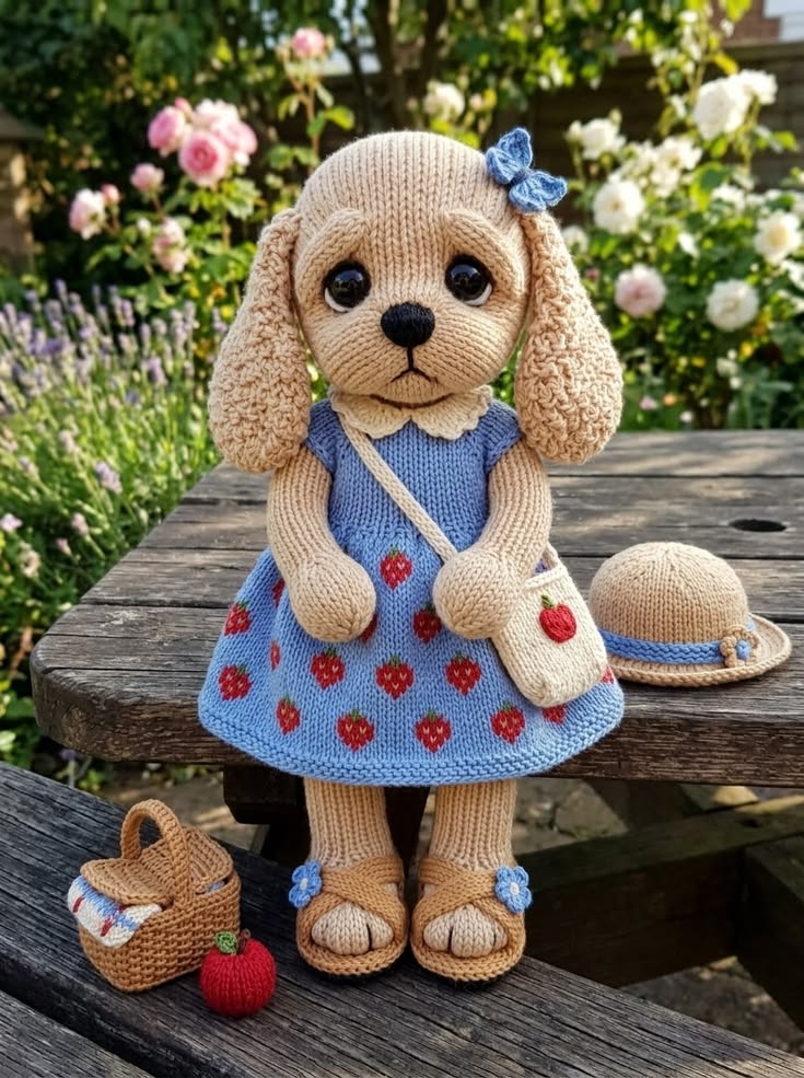 Strawberry Puppy Girl in Blue Dress with Apple Tote and Picnic Basket Free Knitting Pattern
