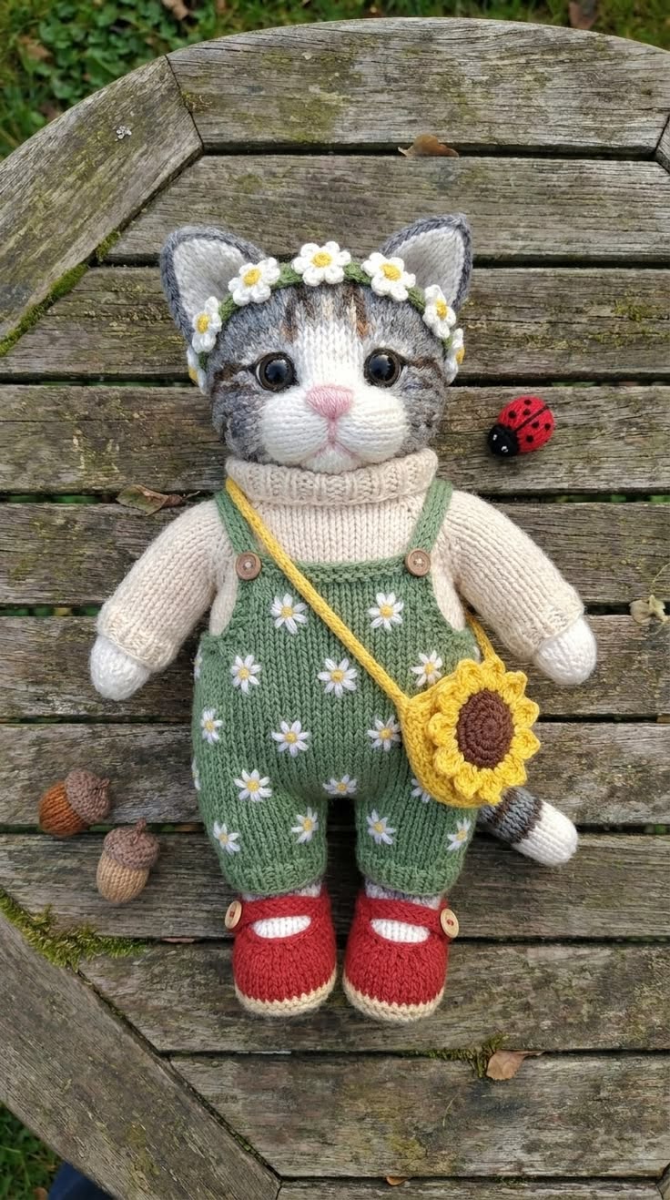 Tabby Cat in Daisy Dungarees with Sunflower Bag Free Knitting Pattern