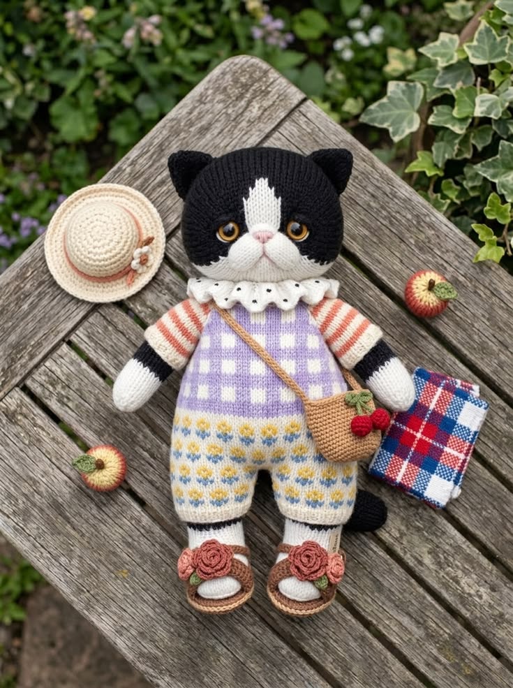 Tuxedo Cat in Lavender Gingham Romper with Picnic Accessories Free Knitting Pattern